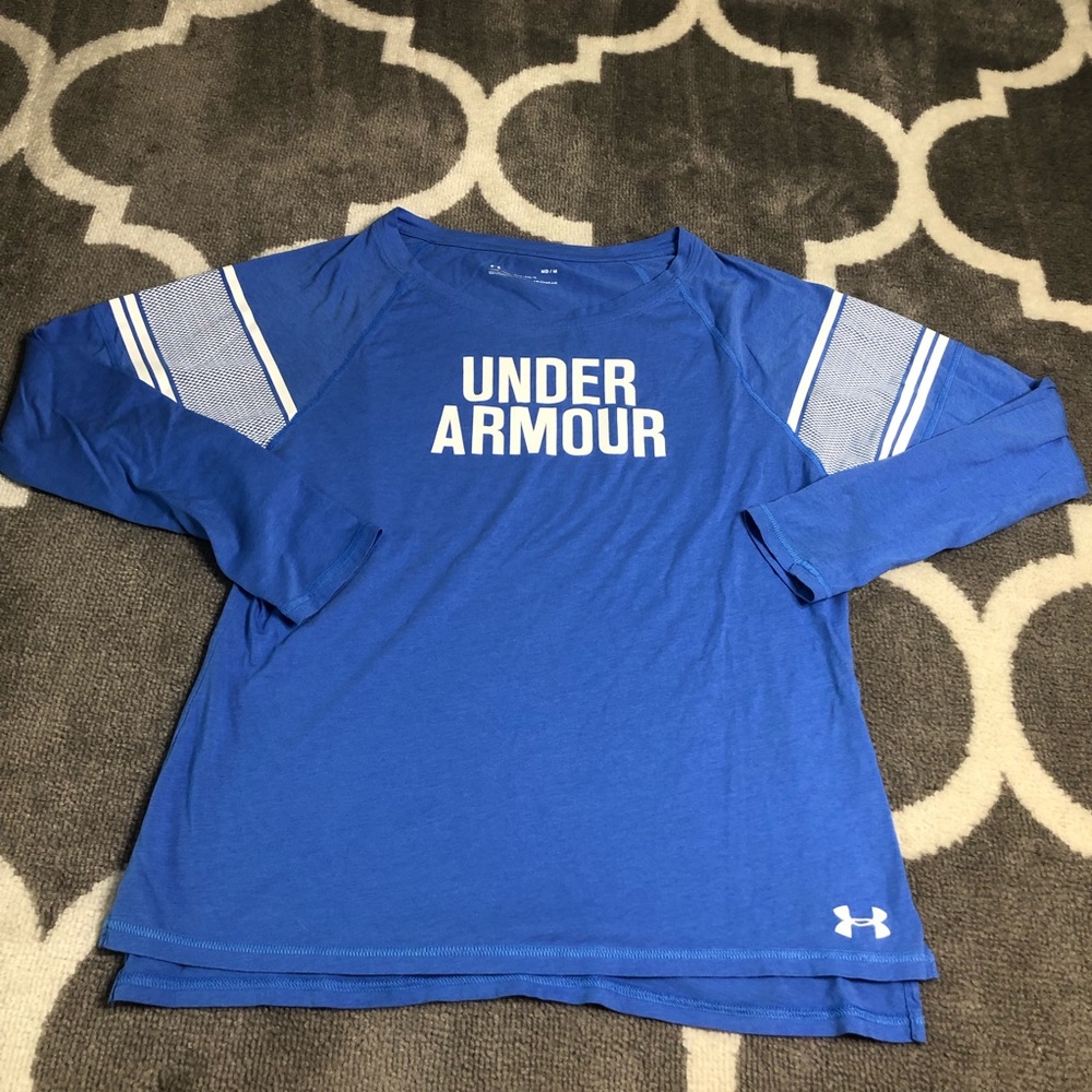 Under Armour Shirt Womens Medium Blue Long Sleeve Heatgear Athletic Workout Top